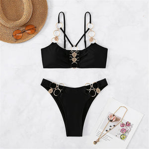 New Sexy Metal Rings Mid Waist Bikini Female Swimsuit Women Swimwear Two-pieces Bikini set Padded Bather Bathing Suit Swim V4474