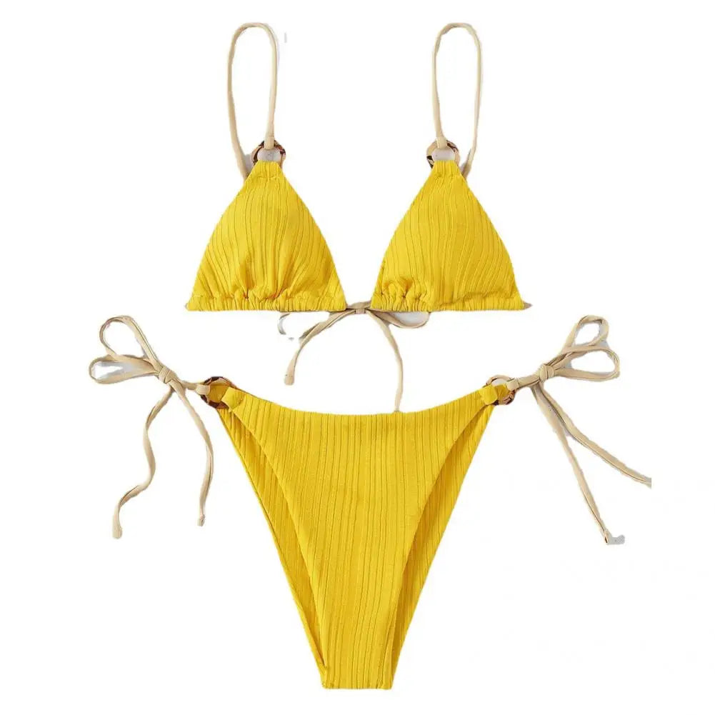 Beachwear 2 Pcs/Set Trendy Wireless Bathing Suit Two-piece Summer Bikini Set Solid Color   for Vacation