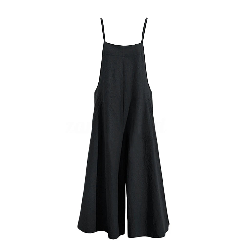 Plus Size L-5XL Solid Cotton Linen Wide Leg Pants Women New Jumpsuit Summer Casual Loose Sleeveless Pockets Bib Overalls Rompers