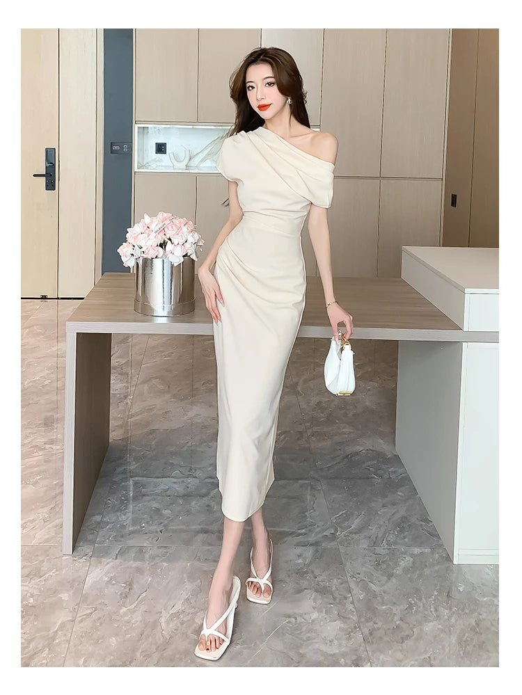 Elegant Off Shoulder Evening Party Dresses Women Summer Fashion Slim One Piece Solid Vestidos Korean Graduation Robe Clothing