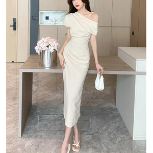 Elegant Off Shoulder Evening Party Dresses Women Summer Fashion Slim One Piece Solid Vestidos Korean Graduation Robe Clothing