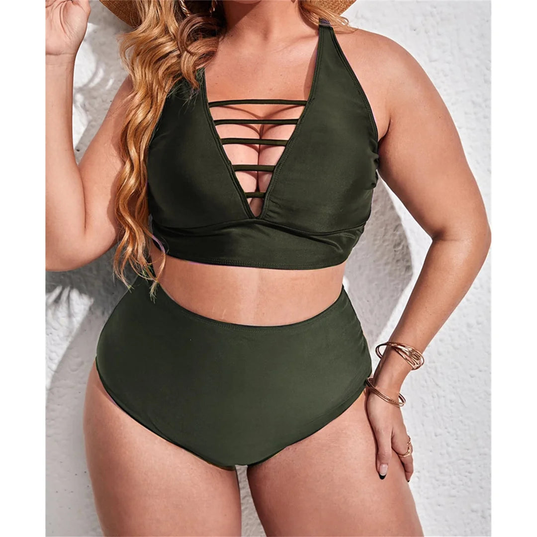 0XL - 4XL Sexy V Neck Bikini Large Size Swimwear Plus Size Women Swimsuit Female Two-pieces Bikini set Bather Bathing Suit V3783