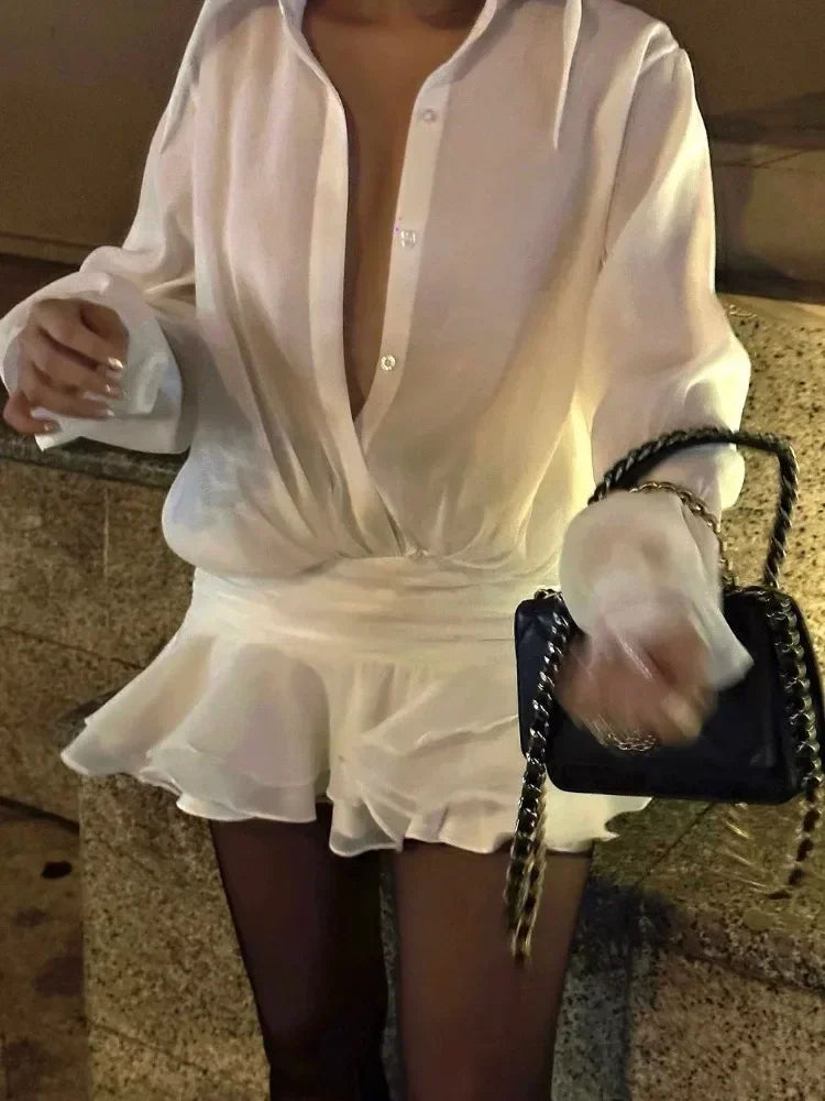 TARUXY White Chiffon Mini Dress For Women Casual Loose Oversized Pleated Mini Dress See-through Summer Beach Elegant Shirt Dress