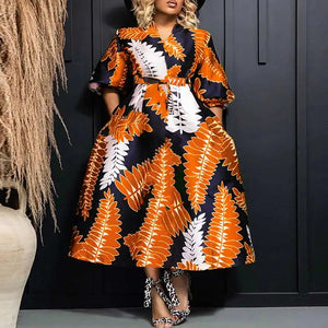 Plus Size 5XL VONDA Maxi Long Dress 2024 Summer V-Neck Printed Puff Sleeve Dress Women Sundress Casual Belted Robe Vestido