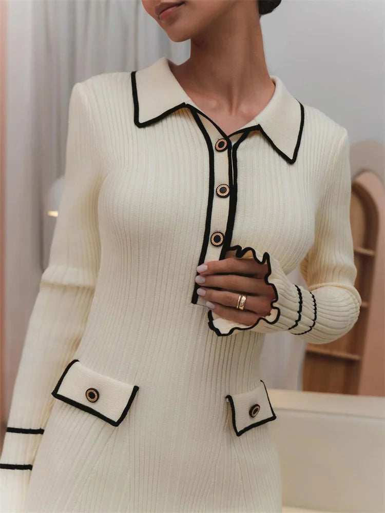 Tossy Ruffled Fashion Knit Dress Women Autumn Ribbed Contrast Long Sleeve High Waist Lapel Gown Dress Knitwear Ladies Maxi Dress