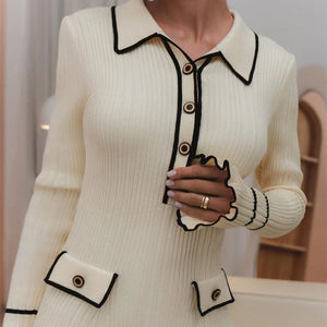 Tossy Ruffled Fashion Knit Dress Women Autumn Ribbed Contrast Long Sleeve High Waist Lapel Gown Dress Knitwear Ladies Maxi Dress