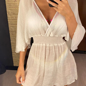 New Sexy V Neck Long Sleeve Backless Chiffon Tunic Beach Cover Up Beach Cover-ups Beach Dress Beach Wear Beachwear V3840