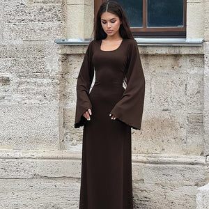 Tossy Scoop Neck Lace-Up Ribbed Maxi Dress Female Long Sleeve Fashion Slim Loose Bandage Dress Autumn 2023 Solid Women Dress New