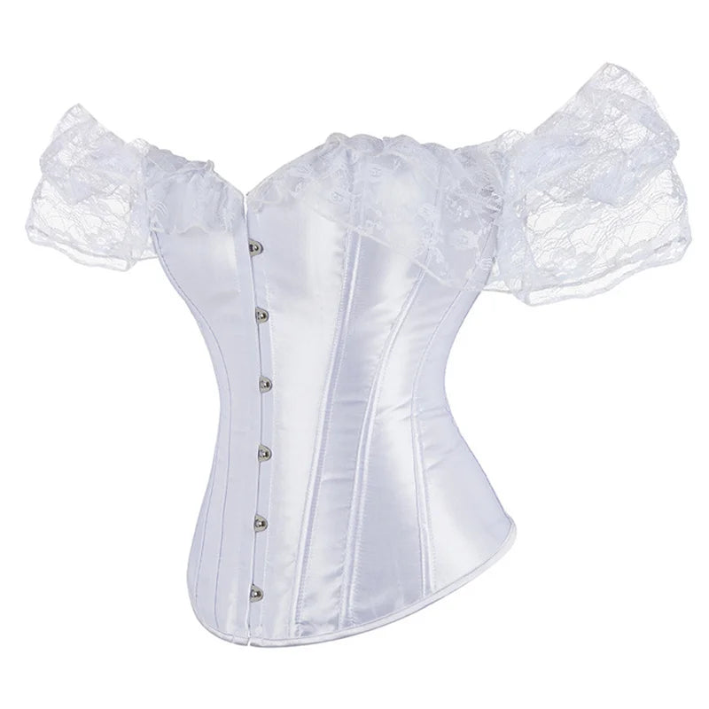 Women Lace Short Sleeve Satin Overbust Corset Sexy Lingerie Body Shaper Corsets Tops White/Black Plus Size S-6XL