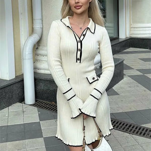 Tossy Ruffled Fashion Knit Dress Women Autumn Ribbed Contrast Long Sleeve High Waist Lapel Gown Dress Knitwear Ladies Maxi Dress