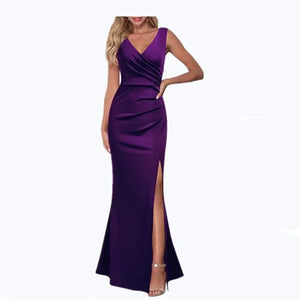 Women's Summer Sexy V-neck Halter Dress Slim Sleeveless Slit Long Dress Solid Color Fashion Dinner Party Temperament Dress