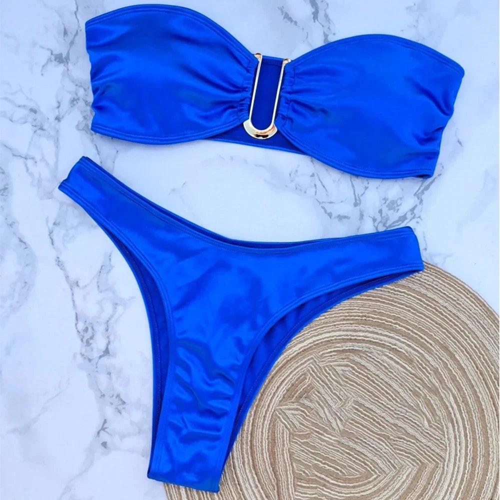 Sexy U Shaped Bandeau Bikinis Set Mujer Strapless Swimwear Women Gold Swimsuit Bathing Suit Biquinis Brazilian Bikini Swim 2024