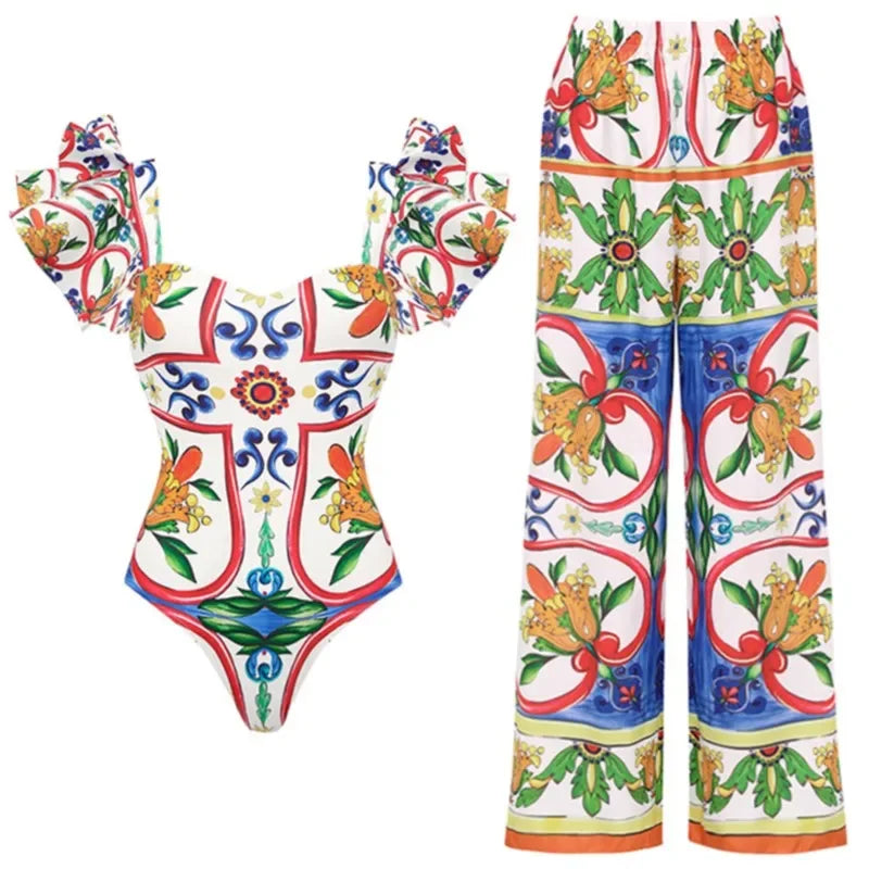 Retro Bikini Printed Fashion Two Piece Swimsuit And Cover Up With Pants Tight Women's Bandage Summer Beach Luxury Elegant