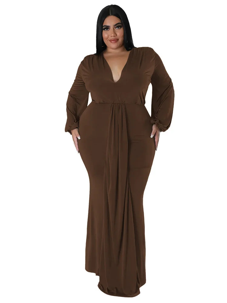 Wmstar Plus Size Party Dresses for Women Long Sleeve Stretch Sexy V Neck Elegant Maxi Dress Fall Clothes Wholesale Dropshipping