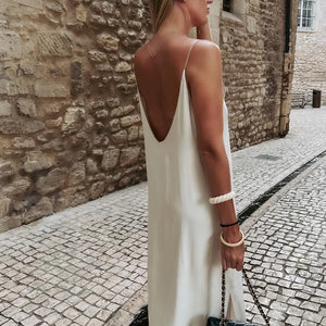 Elegant White V-neck Split Women Maxi Dress Fashion Backless Sleeveless Sling Dresses 2024 Summer Lady Beach Vacation Vestidos