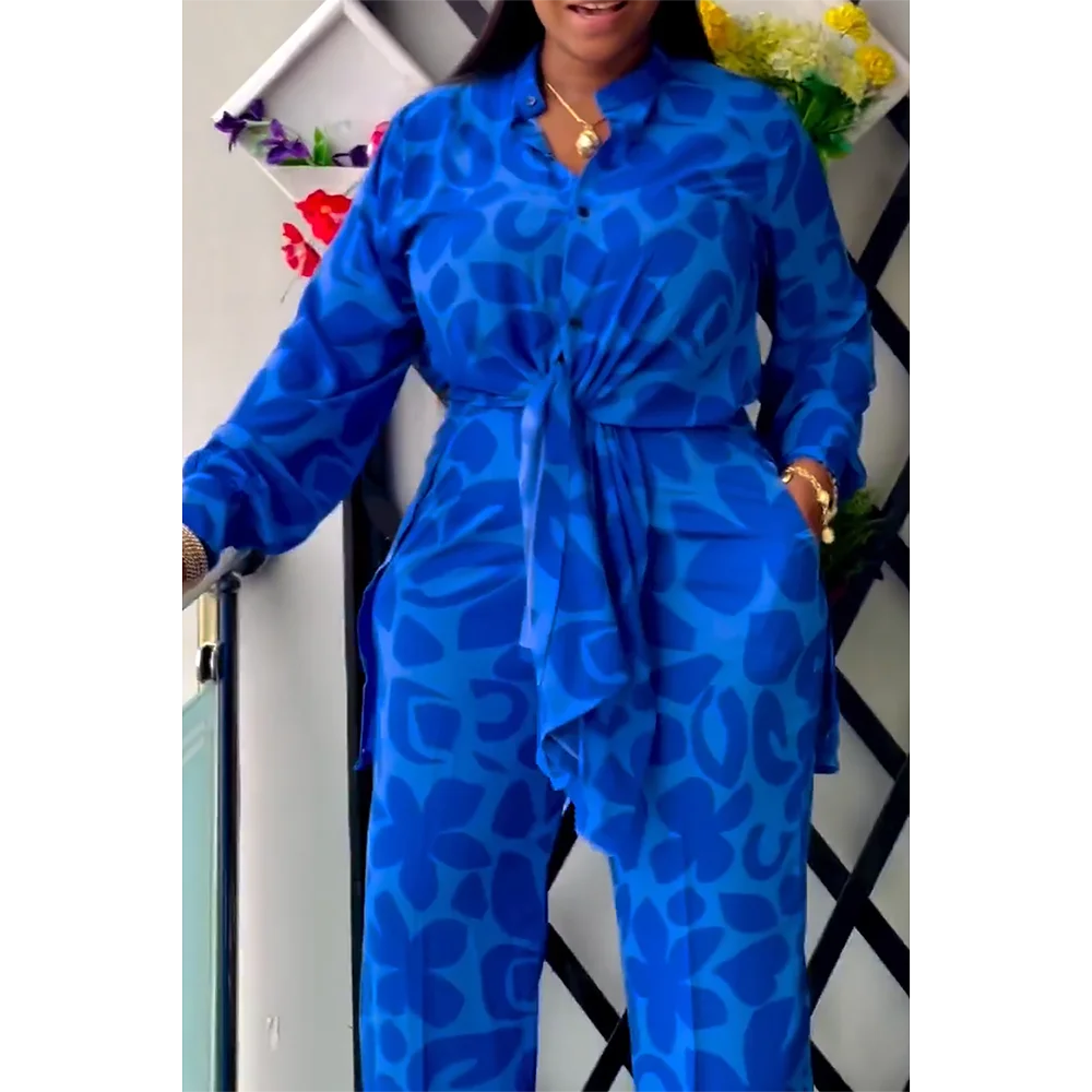 Plus Size Vacation Pant Set Blue Leopard All Over Print Button Long Sleeve Loose Two Piece Pant Set