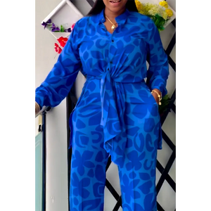 Plus Size Vacation Pant Set Blue Leopard All Over Print Button Long Sleeve Loose Two Piece Pant Set