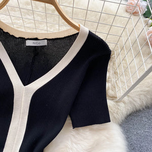 Vintage Elegant Short Sleeve Stretch Knit Slim Dress French Fashion Casual Vestidos A-line Basic Autumn Winter Sweater Dresses