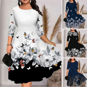 Women Dress Summer O-neck 3/4 Sleeve Midi Dress Plus Size Butterflies Printing Waist Tight Loose Hem Casual Dress Streetwear