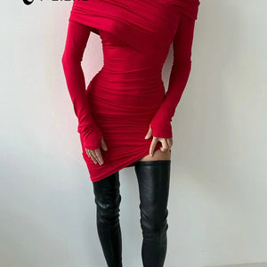 CNYISHE Red Strapless Sexy Club Women Dresses Slash Neck Long Sleeve Sheath Outfits Fashion Slim Bodycon Female Vestidos Robes