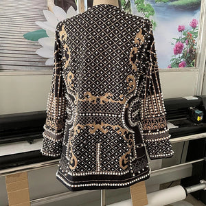 Women Suit Jacket V-Neck Long Sleeved Bubble Bead Print Retro Plus Size Fashion Trend Versatile Loose Comfortable Suit Overcoat