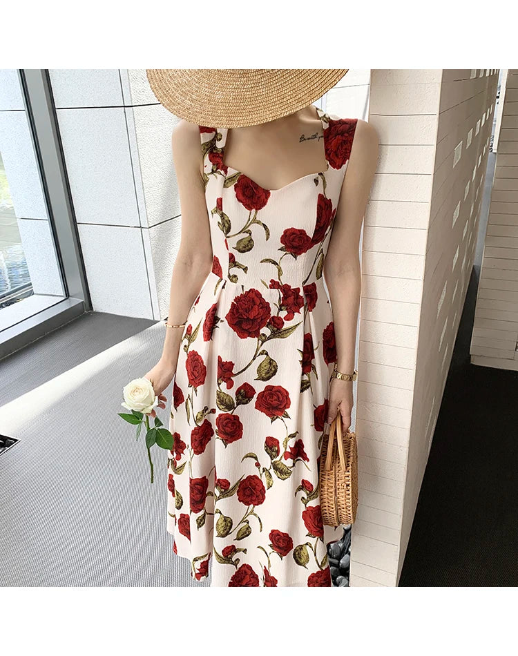 Women's Summer Elegant Floral Print Rose Strap Midi Dress Sleeveless Casual Beach Party Sundress Female Fashion A-Line Vestidos