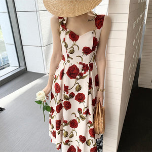 Women's Summer Elegant Floral Print Rose Strap Midi Dress Sleeveless Casual Beach Party Sundress Female Fashion A-Line Vestidos