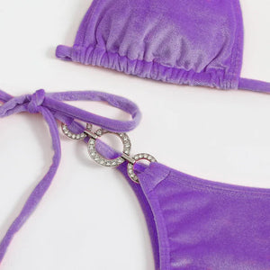 Purple Velvet Swimsuit Sexy String Halter Triangle Bikinis Set Mujer Micro Thong Swimwear Women Biquini Bikinis Set Bathing Suit