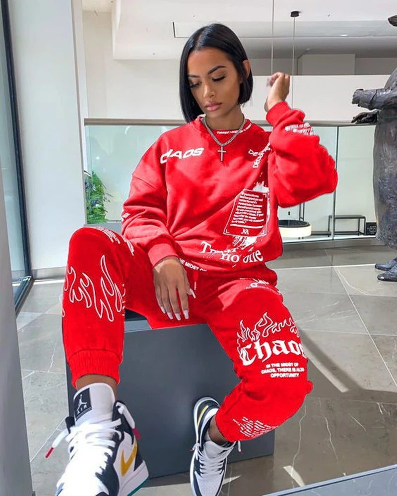 Women Outfit Letter Print Loose 2 Two Piece Set Streetwear Tracksuit Sweatshirt Joggers Pants Matching Ensemble Femme 2 pieces