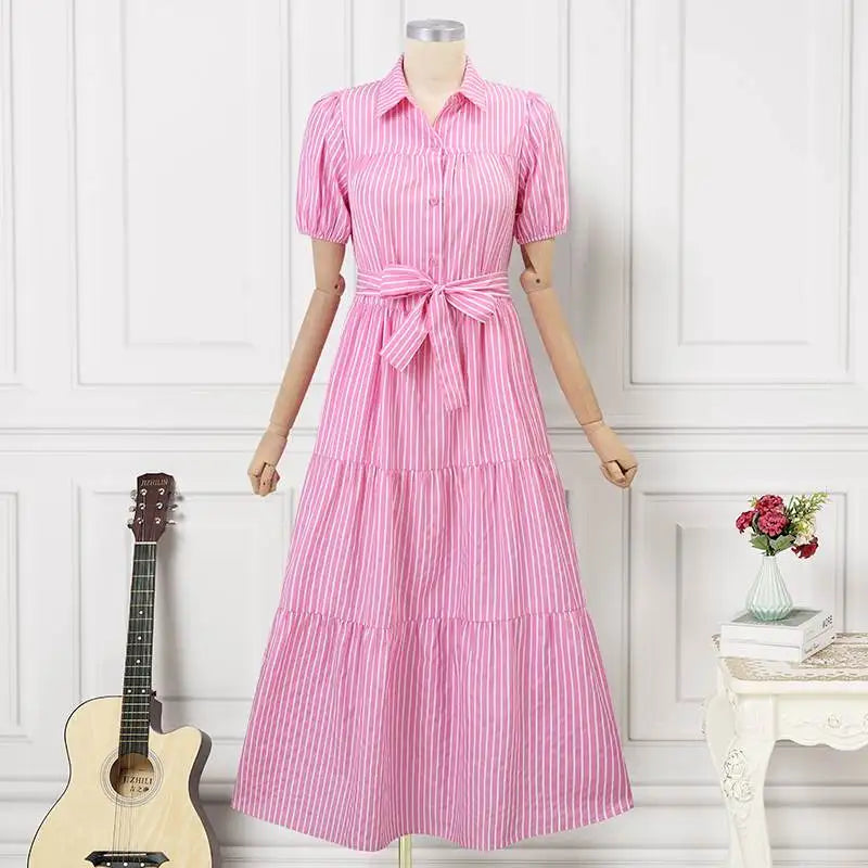 Plus Size 5XL VONDA Women Fashion Shirt Dress 2024 Summer Short Sleeve Casual Midi Sundress Elegant Loose Stripe Vestidos Belted