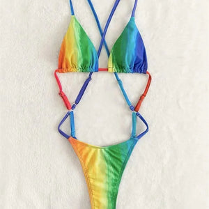 Rainbow Print Bikini Gradient Micro Monokini Swimsuit Cross String Backless Women Vacation Swimwear One-piece Beach Bathing Suit