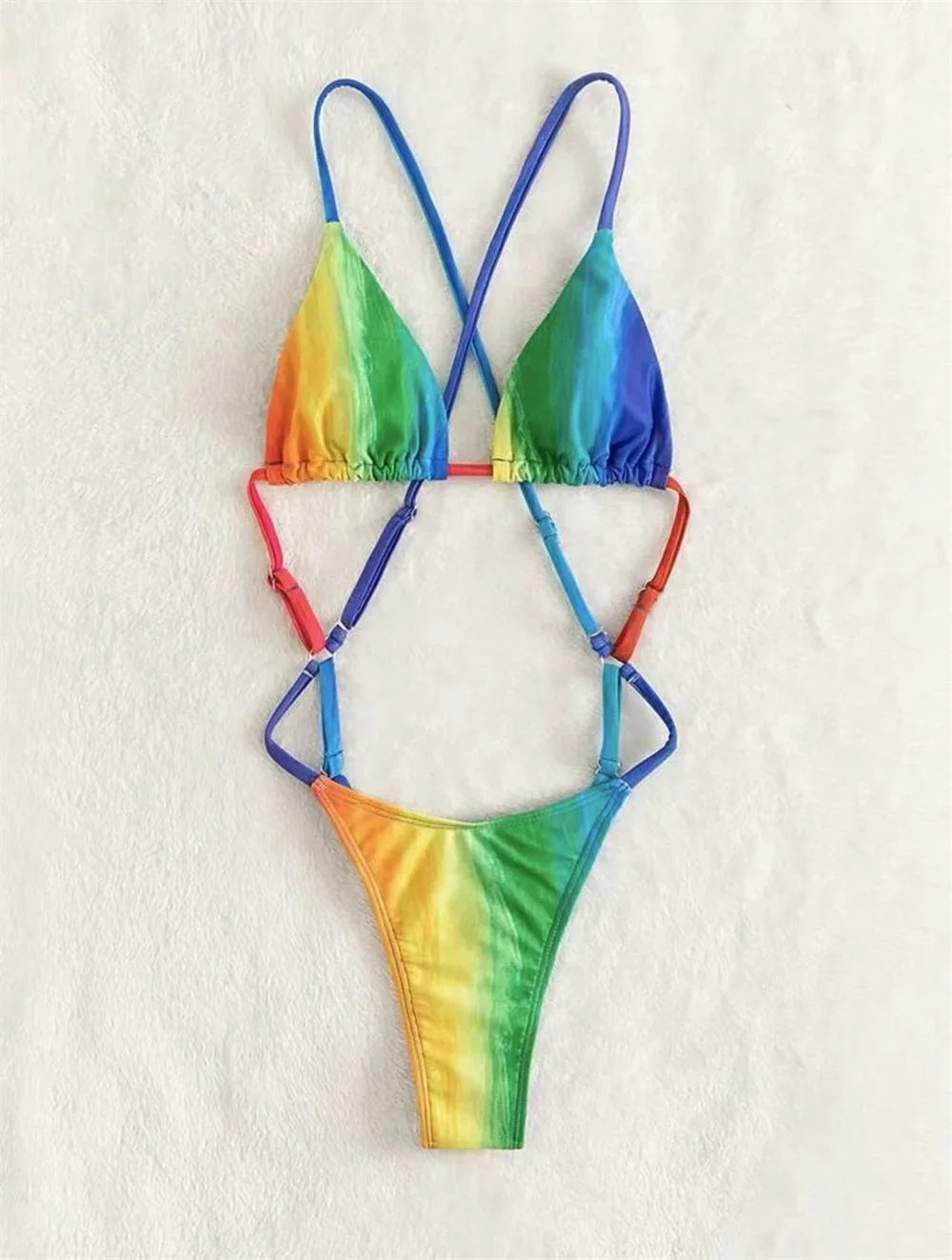 Rainbow Print Bikini Gradient Micro Monokini Swimsuit Cross String Backless Women Vacation Swimwear One-piece Beach Bathing Suit