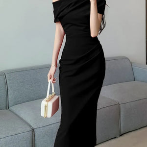 Elegant Off Shoulder Evening Party Dresses Women Summer Fashion Slim One Piece Solid Vestidos Korean Graduation Robe Clothing