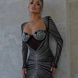 Mozision Glitter Mesh See Through Party Maxi Dress For Women Fashion Full Sleeve Bodycon Sexy Club Long Evening Dress Vestido