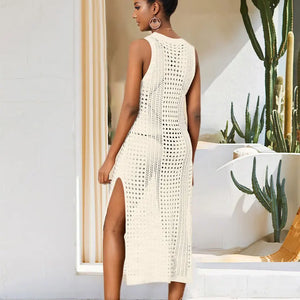 White Crochet Mesh Sleeveless Slit Wrap Beach Dress 2023 Autumn Woman Sexy Hollow Out Knitted Beachwear Swimsuit Cover-ups Q1513