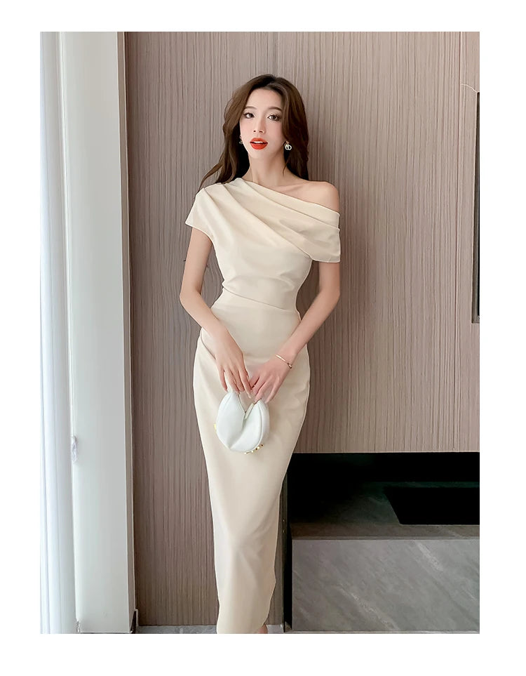 Elegant Off Shoulder Evening Party Dresses Women Summer Fashion Slim One Piece Solid Vestidos Korean Graduation Robe Clothing