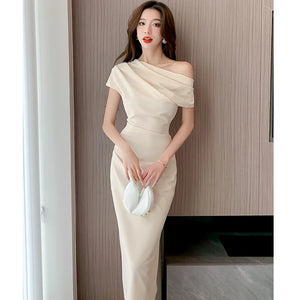 Elegant Off Shoulder Evening Party Dresses Women Summer Fashion Slim One Piece Solid Vestidos Korean Graduation Robe Clothing