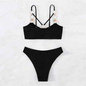 New Sexy Metal Rings Mid Waist Bikini Female Swimsuit Women Swimwear Two-pieces Bikini set Padded Bather Bathing Suit Swim V4474