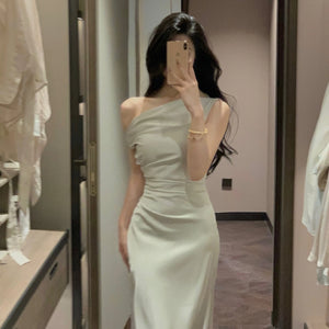 Women Elegant Solid Evening Party Dresses Summer Fashion Korean Graduation Formal Dress Off Shoulder Slim Vestidos Clothing