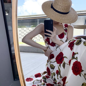 Women's Summer Elegant Floral Print Rose Strap Midi Dress Sleeveless Casual Beach Party Sundress Female Fashion A-Line Vestidos