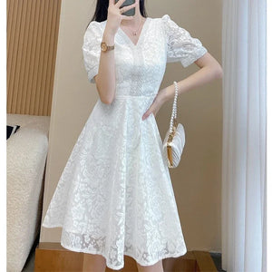 Retro Lace Sequins Beaded Chic Elegant White Party Dresses for Women Summer Fashion V Neck Short Sleeve Slim Midi Dress Vestidos