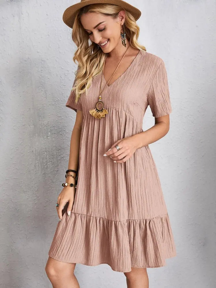 Vintage Solid Elegant Women Dress 2023 Summer Fashion Casual V-Neck High Waist A-Line Mini Dresses Lady Short Sleeve Party Dress