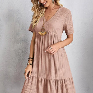 Vintage Solid Elegant Women Dress 2023 Summer Fashion Casual V-Neck High Waist A-Line Mini Dresses Lady Short Sleeve Party Dress