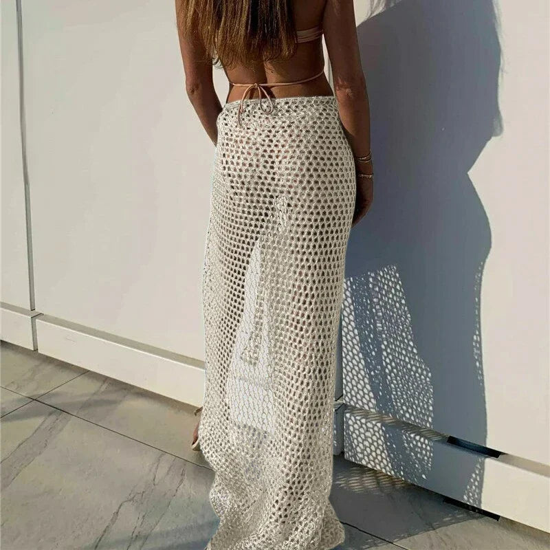 Sexy Wrap Skirt Binding Rope Beach Wear Sarong New Arrival Women Knitting Crochet Hollow Out Cover Up Solid Color Beach Dress