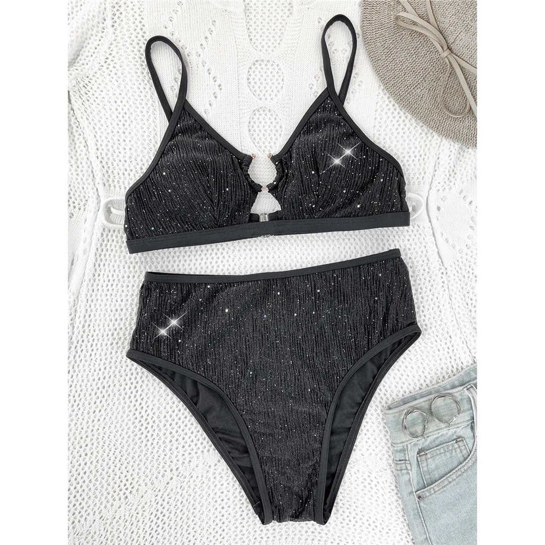 Glitter Sparkling Cut Out Female Swimsuit High Waist Bikini Women Swimwear Two-pieces Bikini set Bather Bathing Suit Swim V5389