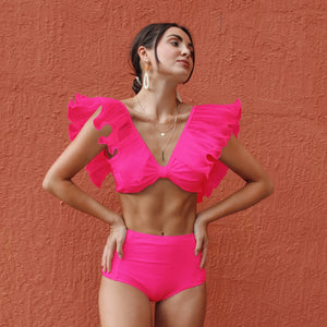 2024 New Sexy High Waist Ruffled Bikini Set Flounce Swimwear Women Swimsuit Solid Strappy Beachwear V-neck Bathing Suit Biquini