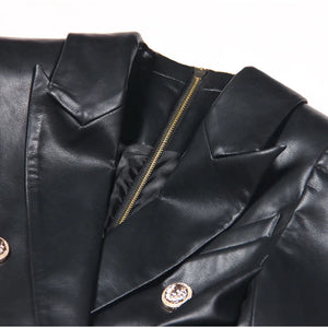 HIGH STREET Newest Fashion 2024 Designer Women's Lion Metal Buttons Faux Leather Blazer Dress