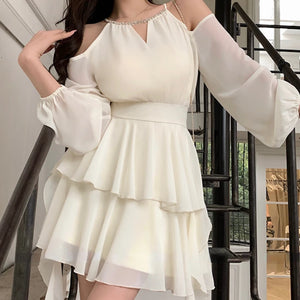 Jielur Summer Elegant Chiffon Mini Dress Women Long Sleeve Even Party Dresses Office Lady Chiffon One Piece Dress Korean Fashion