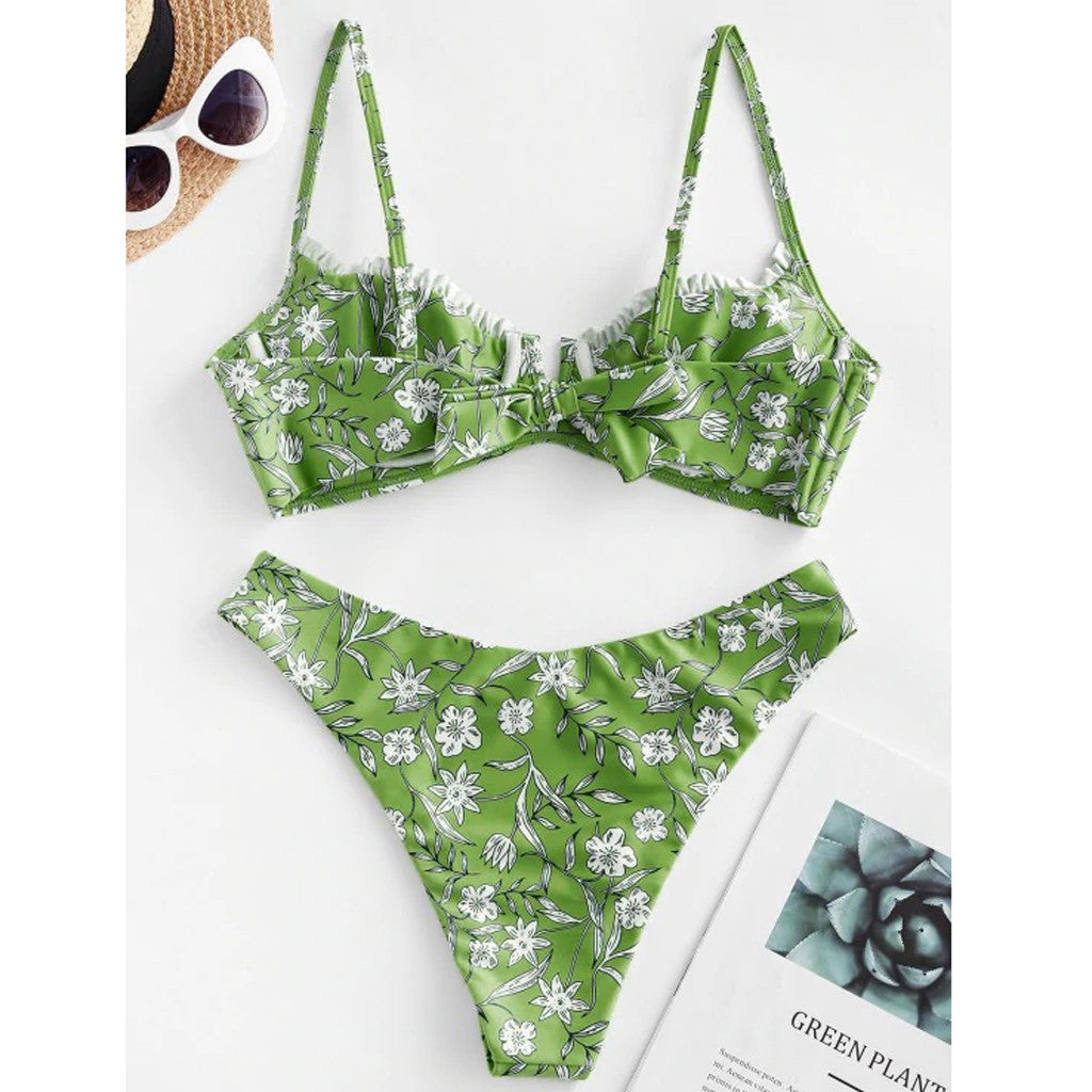 Flower Print High Cut V Neck Two Pieces Swimsuit Women Plus Size Swimwear Swimsuit Beachwear Swimwear Women Plus купальник