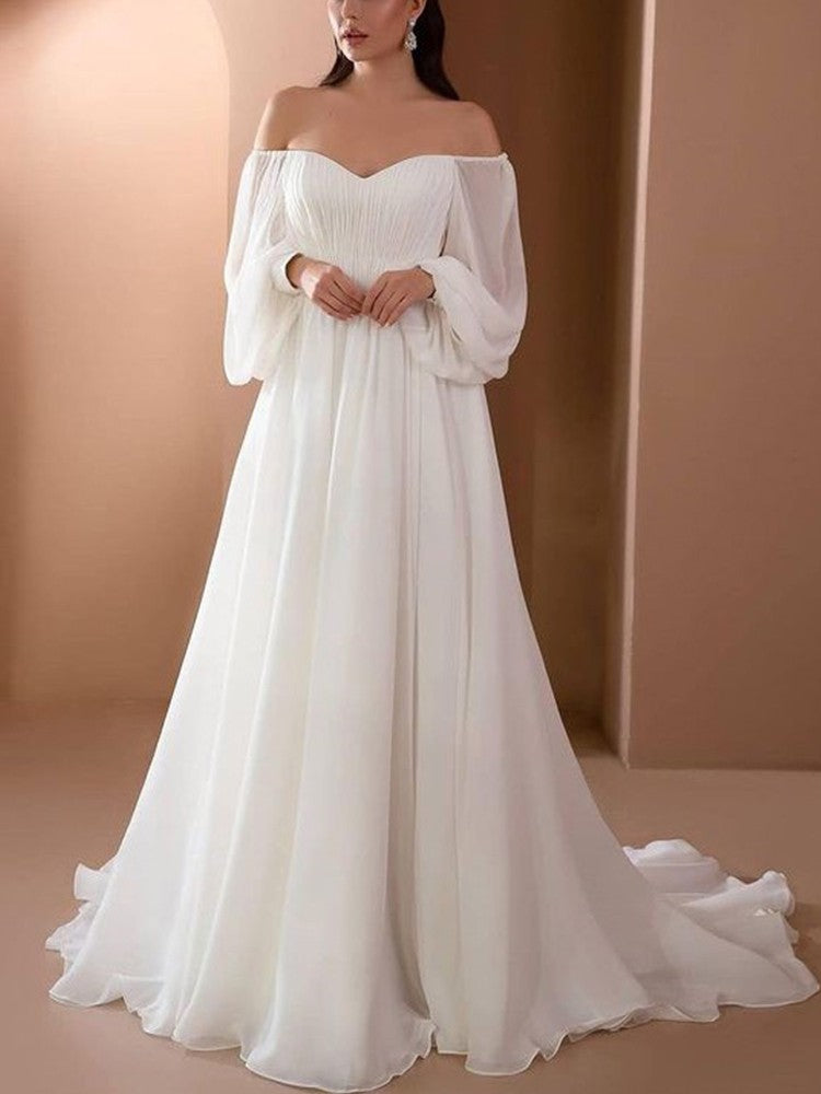 2022 Fashion Autumn Long Sleeved Off The Shoulder White Floor Length Evening Dresses Female Sexy Wedding Party Gowns Prom Robes